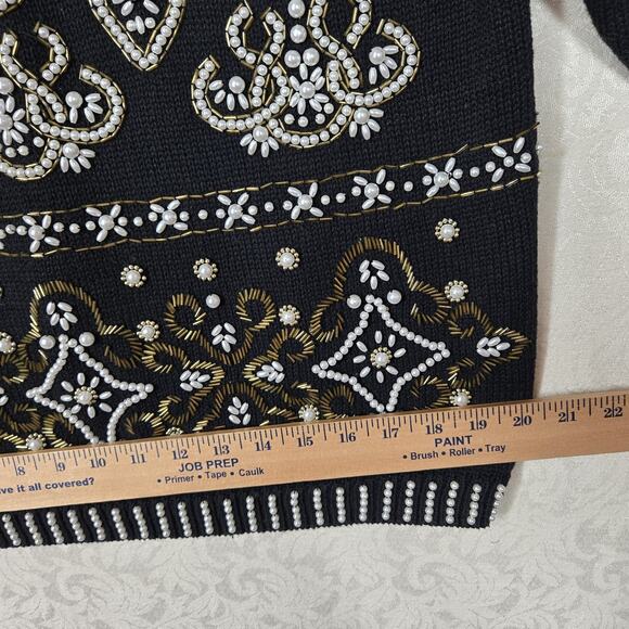 VTG Margules Sweater sz M Black Heavily Beaded Pearl Front Mock Neck Grandmacore - Picture 16 of 16
